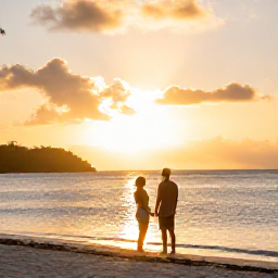 Caribbean Holidays, USVI All Inclusive, Couple enjoying a golden sunset from a Caribbean beach resort in the United States Virgin Islands