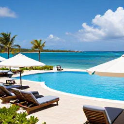 Caribbean Holidays, USVI All Inclusive, Relaxed all-inclusive beach resort in St Thomas with sun loungers, swimming pool and ocean views