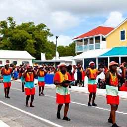 Caribbean Holidays, USVI August Holidays, Colourful August festival parade in Charlotte Amalie, Saint Thomas, with musicians, dancers and local Caribbean crowds