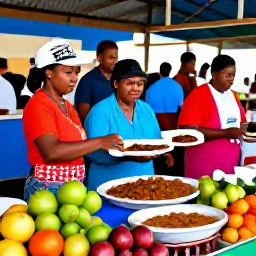 Caribbean Holidays, USVI August Holidays, Local Caribbean food market in the United States Virgin Islands with traditional dishes, fresh fruit and friendly vendors