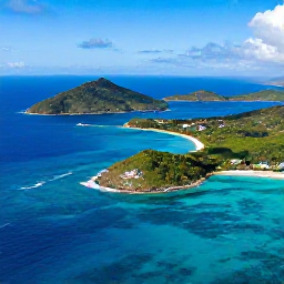 Caribbean Holidays, USVI Beach Holidays, Aerial view of turquoise Caribbean sea, green islands and a sandy beach in the United States Virgin Islands under clear February skies