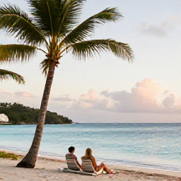 Caribbean Holidays, USVI Beach Holidays, Couple relaxing on Magens Bay Beach in St Thomas, palm trees, calm blue sea and soft afternoon light in February