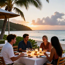 Caribbean Holidays, USVI Beach Holidays, Outdoor beachfront restaurant serving a relaxed Caribbean dinner at sunset in the United States Virgin Islands