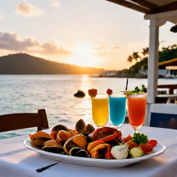 Caribbean Holidays, USVI Beach Holidays, Outdoor table at a friendly waterfront restaurant in St Thomas, fresh Caribbean seafood, colourful drinks and sunset over the harbour