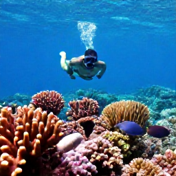 Caribbean Holidays, USVI Beach Holidays, Person snorkelling above colourful coral and tropical fish in clear Caribbean water near the US Virgin Islands