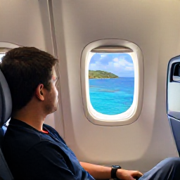 Caribbean Holidays, USVI Business Class, A business class passenger relaxing in a comfortable aircraft seat, looking through the window at the turquoise Caribbean Sea and green islands below