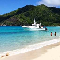 Caribbean Holidays, USVI Business Class, A small boat approaching a secluded beach in Virgin Islands National Park, with lush hills, clear water and snorkellers near the shore