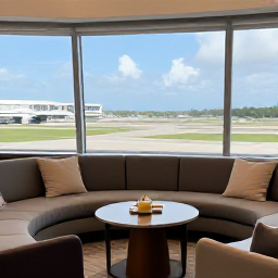 Caribbean Holidays, USVI Business Class, A stylish business class lounge with comfortable seating, refreshments and large windows overlooking an airport runway