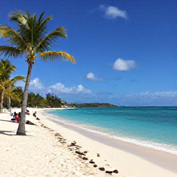 Caribbean Holidays, USVI Business Class, A sunny Caribbean beach in the United States Virgin Islands in March, with clear blue water, palm trees and a few relaxed visitors
