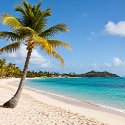 Caribbean Holidays, USVI Business Class, Bright tropical morning over a turquoise Caribbean bay in the US Virgin Islands, palm trees and a quiet sandy beach