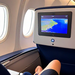 Caribbean Holidays, USVI Business Class, Business class passenger relaxing in a comfortable aircraft seat with Caribbean travel details, warm natural light