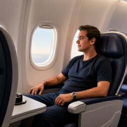 Caribbean Holidays, USVI Business Class, Business class traveller relaxing in a comfortable airline seat on a flight towards the sunny United States Virgin Islands