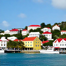 Caribbean Holidays, USVI Business Class, Colourful Charlotte Amalie waterfront in St Thomas with historic buildings, harbour and visiting boats on a sunny day