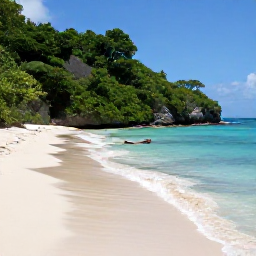 Caribbean Holidays, USVI Business Class, Quiet tropical beach and lush forest in St John, United States Virgin Islands, with snorkellers in clear shallow water