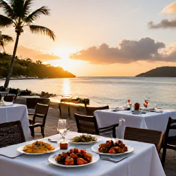 Caribbean Holidays, USVI Business Class, Relaxed beachfront restaurant serving fresh Caribbean seafood at sunset in the United States Virgin Islands