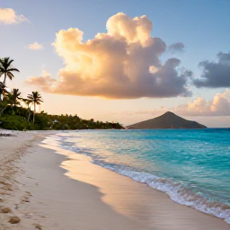 Caribbean Holidays, USVI Business Class, Warm September evening overlooking turquoise Caribbean water and a sandy beach on St Thomas, United States Virgin Islands