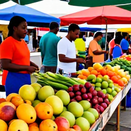 Caribbean Holidays, USVI Cooking Holidays, A colourful outdoor food market in St Thomas or St Croix, with tropical fruit, vegetables, spices and local produce