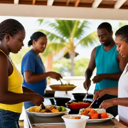 Caribbean Holidays, USVI Cooking Holidays, A friendly Caribbean cooking class in a bright open-air kitchen, with visitors preparing local dishes in the US Virgin Islands