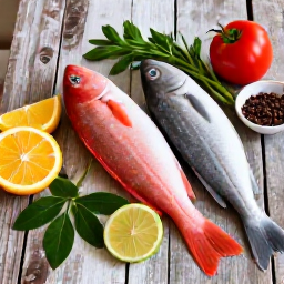 Caribbean Holidays, USVI Cooking Holidays, Colourful Caribbean ingredients, fresh fish, herbs and spices arranged on a rustic kitchen table in the United States Virgin Islands