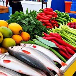 Caribbean Holidays, USVI Cooking Holidays, Local Caribbean market in St Croix with fresh fish, mangoes, peppers, herbs and colourful tropical produce