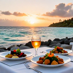 Caribbean Holidays, USVI Cooking Holidays, Outdoor Caribbean dining at sunset beside turquoise water, with colourful local dishes and a relaxed atmosphere in the US Virgin Islands