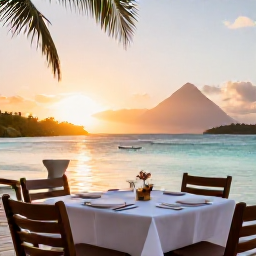 Caribbean Holidays, USVI Cooking Holidays, Outdoor Caribbean dining terrace overlooking turquoise water at sunset in the United States Virgin Islands