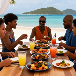 Caribbean Holidays, USVI Cooking Holidays, Relaxed holiday table in the US Virgin Islands with Caribbean dishes, colourful drinks and friends sharing a meal