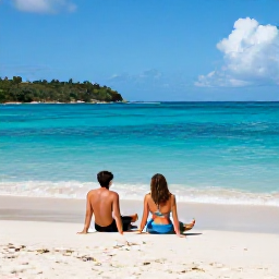 Caribbean Holidays, USVI Couples Holidays, A couple relaxing on a quiet white-sand beach in St John, United States Virgin Islands, with turquoise water and gentle August sunshine