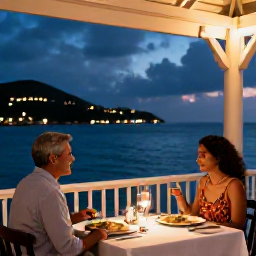 Caribbean Holidays, USVI Couples Holidays, Couple dining at a relaxed waterfront restaurant in the United States Virgin Islands at dusk, Caribbean lights and sea views