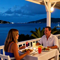 Caribbean Holidays, USVI Couples Holidays, Couple dining outdoors at a relaxed Caribbean restaurant in St Thomas, with fresh seafood, tropical drinks and harbour views at dusk