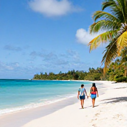 Caribbean Holidays, USVI Couples Holidays, Couple walking hand in hand along a quiet white-sand beach in St Lucia? No, the United States Virgin Islands in December, with turquoise water and palm trees