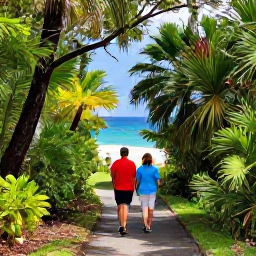 Caribbean Holidays, USVI Couples Holidays, Couple walking through lush tropical scenery in Virgin Islands National Park on St John, with a beach visible beyond the trees