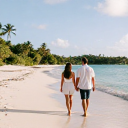 Caribbean Holidays, USVI Couples Holidays, Romantic couple walking along a quiet white-sand beach in St Thomas, United States Virgin Islands, warm November sunlight