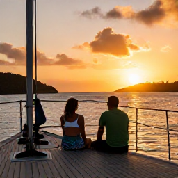 Caribbean Holidays, USVI Couples Holidays, Romantic sunset sailing trip near St Thomas, with a couple on deck, calm Caribbean sea and orange evening sky