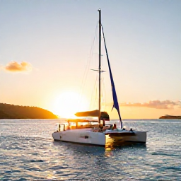 Caribbean Holidays, USVI Couples Holidays, Romantic sunset sailing trip near the United States Virgin Islands, couple on a catamaran with golden light across calm turquoise Caribbean water