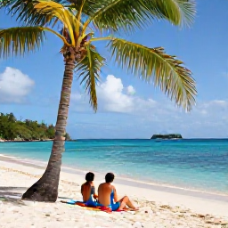 Caribbean Holidays, USVI Couples Holidays, Secluded tropical beach in St John, United States Virgin Islands, couple relaxing beneath palm trees beside clear Caribbean water
