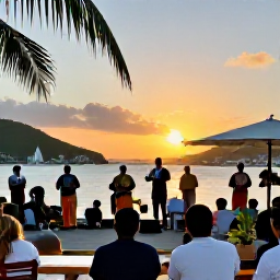 Caribbean Holidays, USVI December Holidays, Sunset cultural evening overlooking Charlotte Amalie harbour on St Thomas with local music and waterfront restaurants