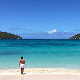 Caribbean Holidays, USVI December Holidays, Traveller enjoying a sunny December beach day beside clear turquoise water in the United States Virgin Islands