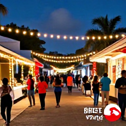 Caribbean Holidays, USVI December Instagram, Festive Caribbean street scene in the United States Virgin Islands during December, with local decorations, warm evening light and people enjoying the atmosphere