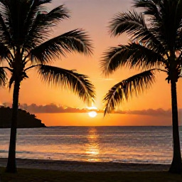 Caribbean Holidays, USVI December Instagram, Sunset over the Caribbean Sea viewed from a scenic beach on St Croix, United States Virgin Islands, with palm silhouettes and warm orange sky