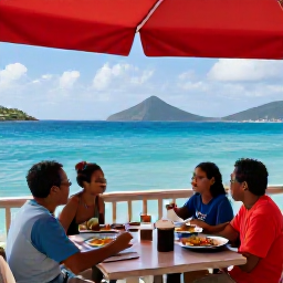 Caribbean Holidays, USVI Family Holidays, A family enjoying a casual Caribbean meal at an outdoor restaurant overlooking the sea in the United States Virgin Islands