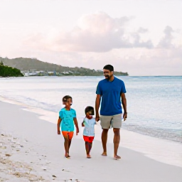 Caribbean Holidays, USVI Family Holidays, A happy family walking along a bright white-sand Caribbean beach in the United States Virgin Islands during April, calm turquoise sea and gentle morning light
