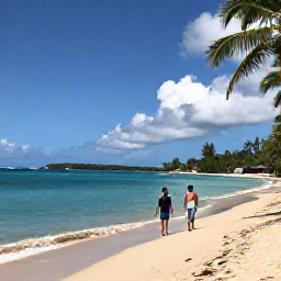 Caribbean Holidays, USVI Family Holidays, A relaxed family walking along a sunny Caribbean beach in the United States Virgin Islands in September, with calm turquoise water and palm trees