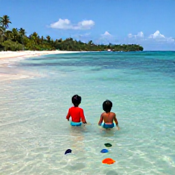 Caribbean Holidays, USVI Family Holidays, Children and parents swimming in shallow clear water beside a quiet Caribbean beach on St John, colourful snorkelling fish visible