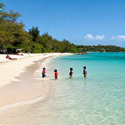 Caribbean Holidays, USVI Family Holidays, Children playing safely in shallow clear water beside a sandy beach on St Thomas, United States Virgin Islands, with parents relaxing nearby