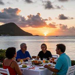 Caribbean Holidays, USVI Family Holidays, Family enjoying a casual Caribbean dinner outdoors near the sea in the United States Virgin Islands at sunset, April evening