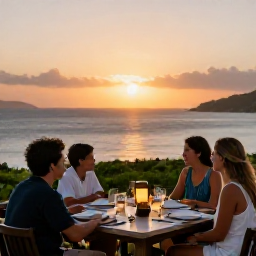 Caribbean Holidays, USVI Family Holidays, Family enjoying a relaxed outdoor restaurant meal overlooking a Caribbean sunset in the United States Virgin Islands