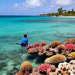 Caribbean Holidays, USVI Family Holidays, Family snorkelling in clear shallow water beside a colourful coral reef near St John, United States Virgin Islands, sunny April day
