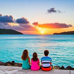 Caribbean Holidays, USVI Family Holidays, Family watching a colourful sunset over turquoise water from a Caribbean viewpoint in the United States Virgin Islands, clear April sky
