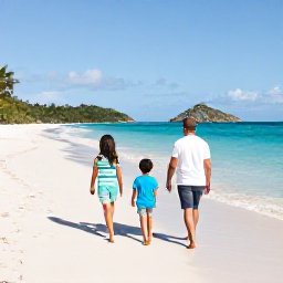 Caribbean Holidays, USVI Family Holidays, Happy family walking along a bright sandy beach in St Thomas, United States Virgin Islands, February sunshine, clear turquoise sea